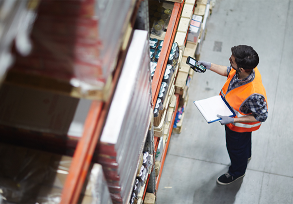 Worker with scanner making review of goods in warehouse