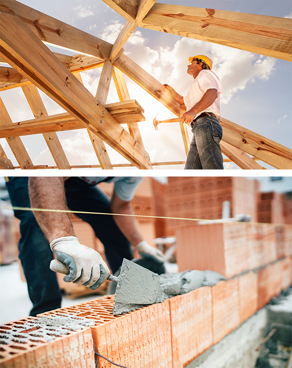 roofer builder working on roog structure of building on construction site. Professional worker using pan knife for building brick walls with cement and mortar